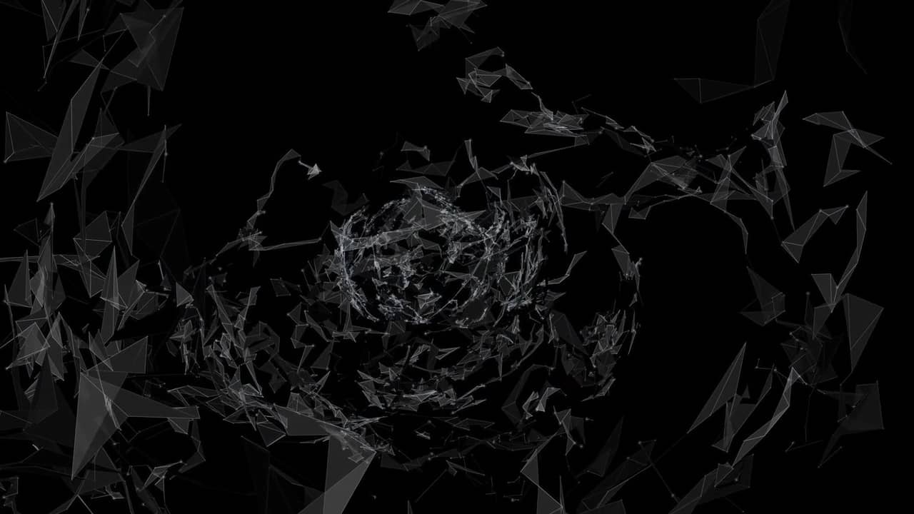 White triangles orbiting around a central point over a black background.