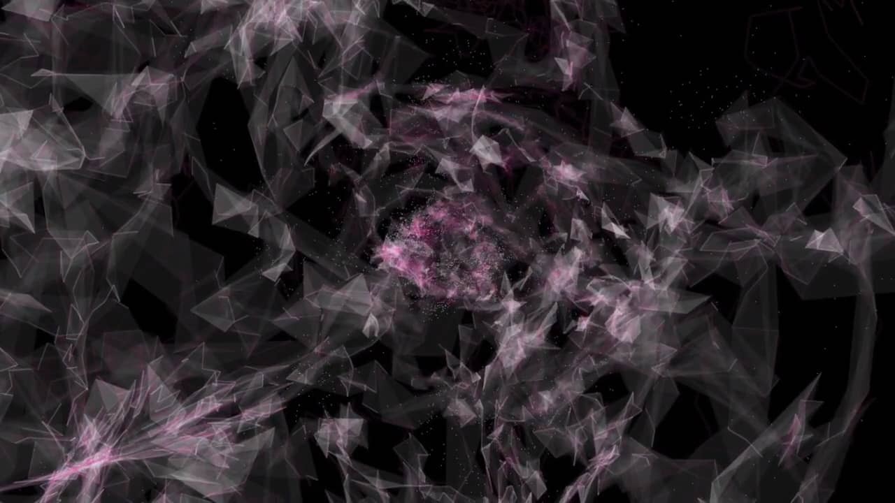 Geometric shapes in pinks purples and whites rotating around a central point over a black background.