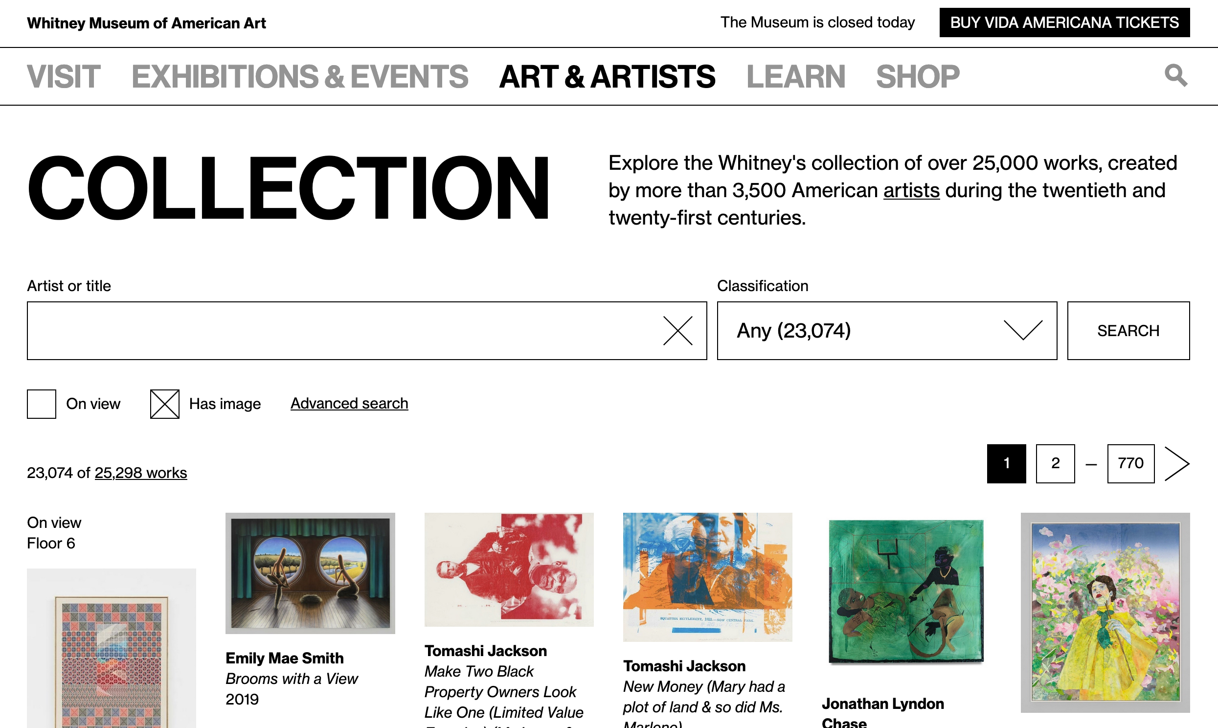 A screenshot of the Whitney's online collection front page as of March 2020.