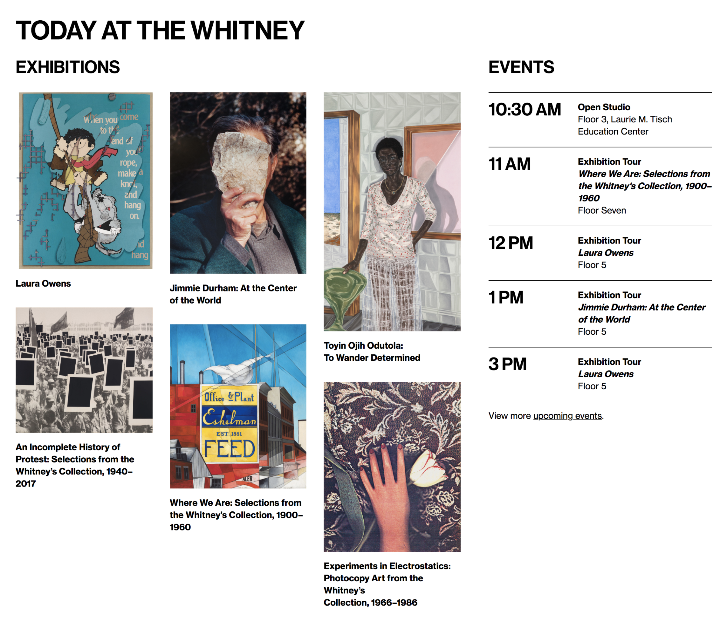 Screenshot of a section of a webpage, with 6 exhibitions with images on the left, and a vertical list of events for the day in chronological order on the right.