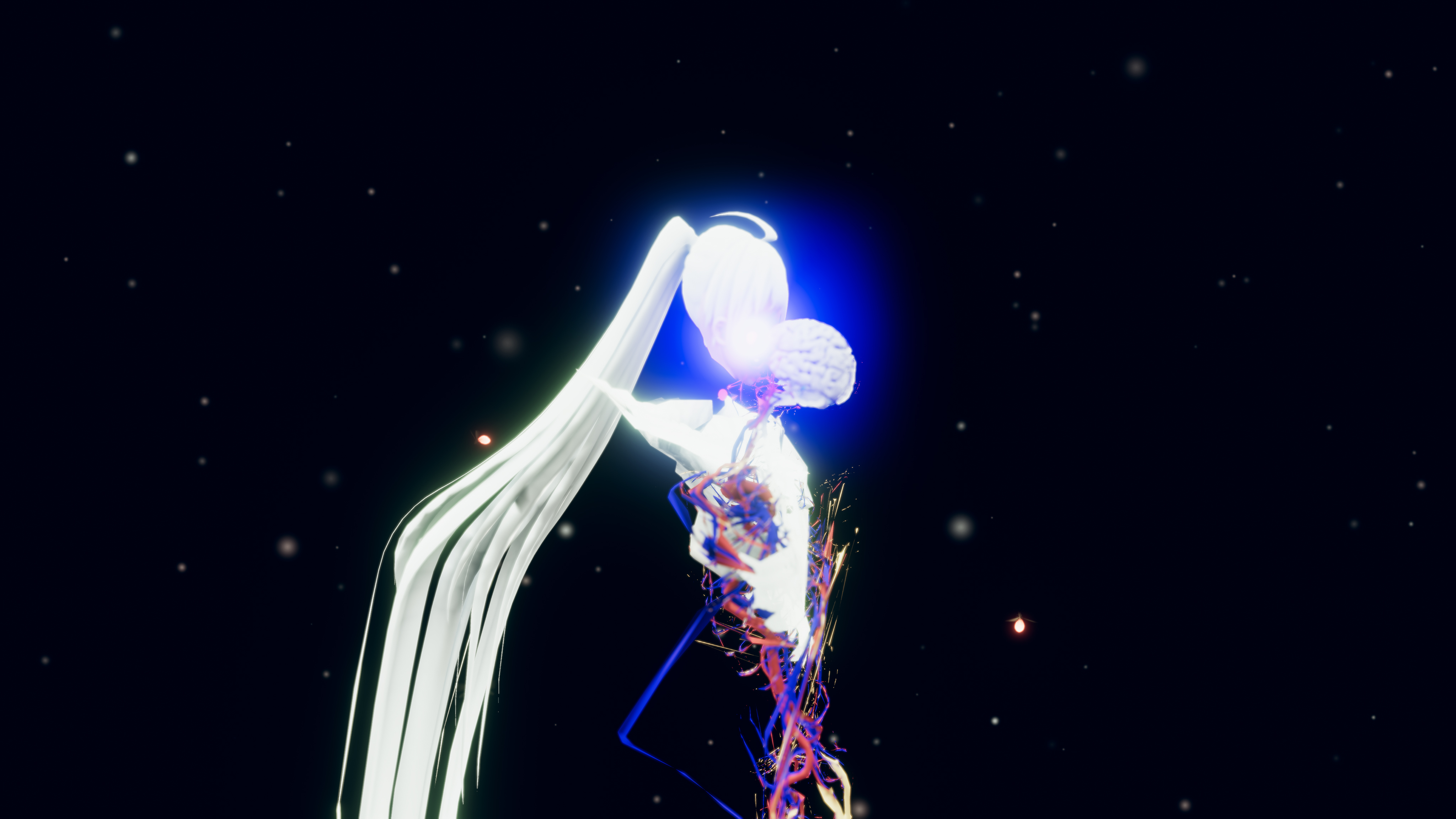 A computer generated figure with a brain outside of their head, long white lines for hair, and a distorted rig cage like interior of the body visible, over a black background.