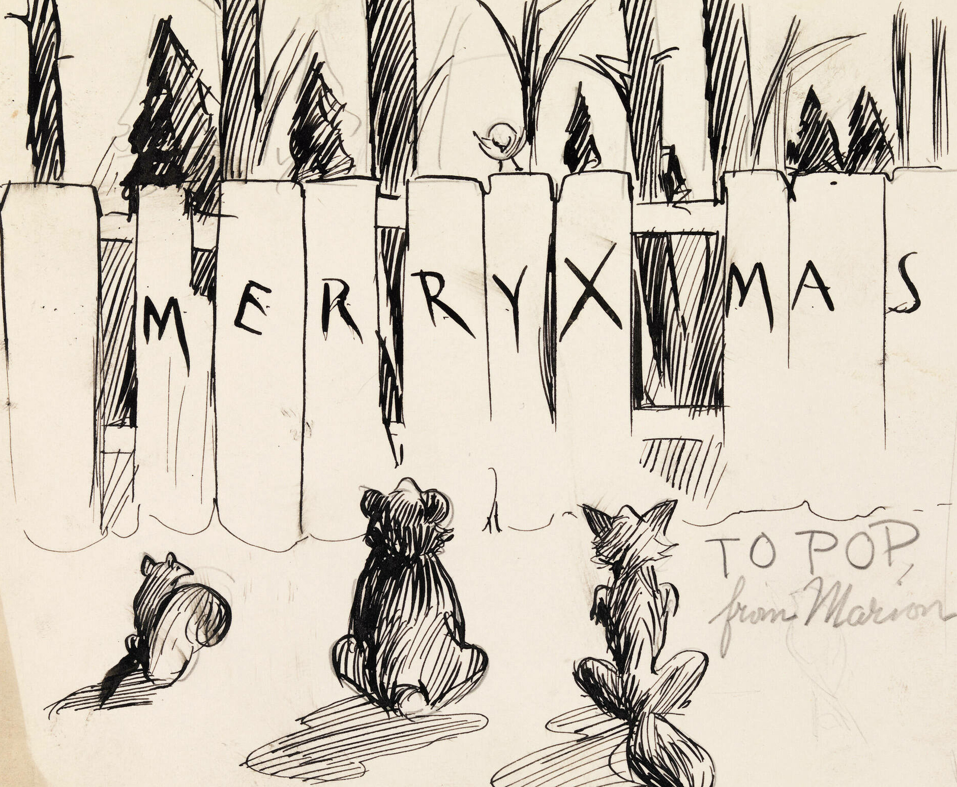 Ink drawing on paper of animals looking at a fence that says Merry Xmas.