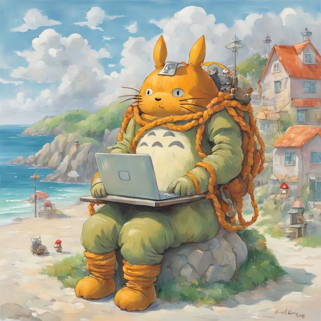 A totoro with orange fur and red braids sits writing on a laptop at a seaside town.