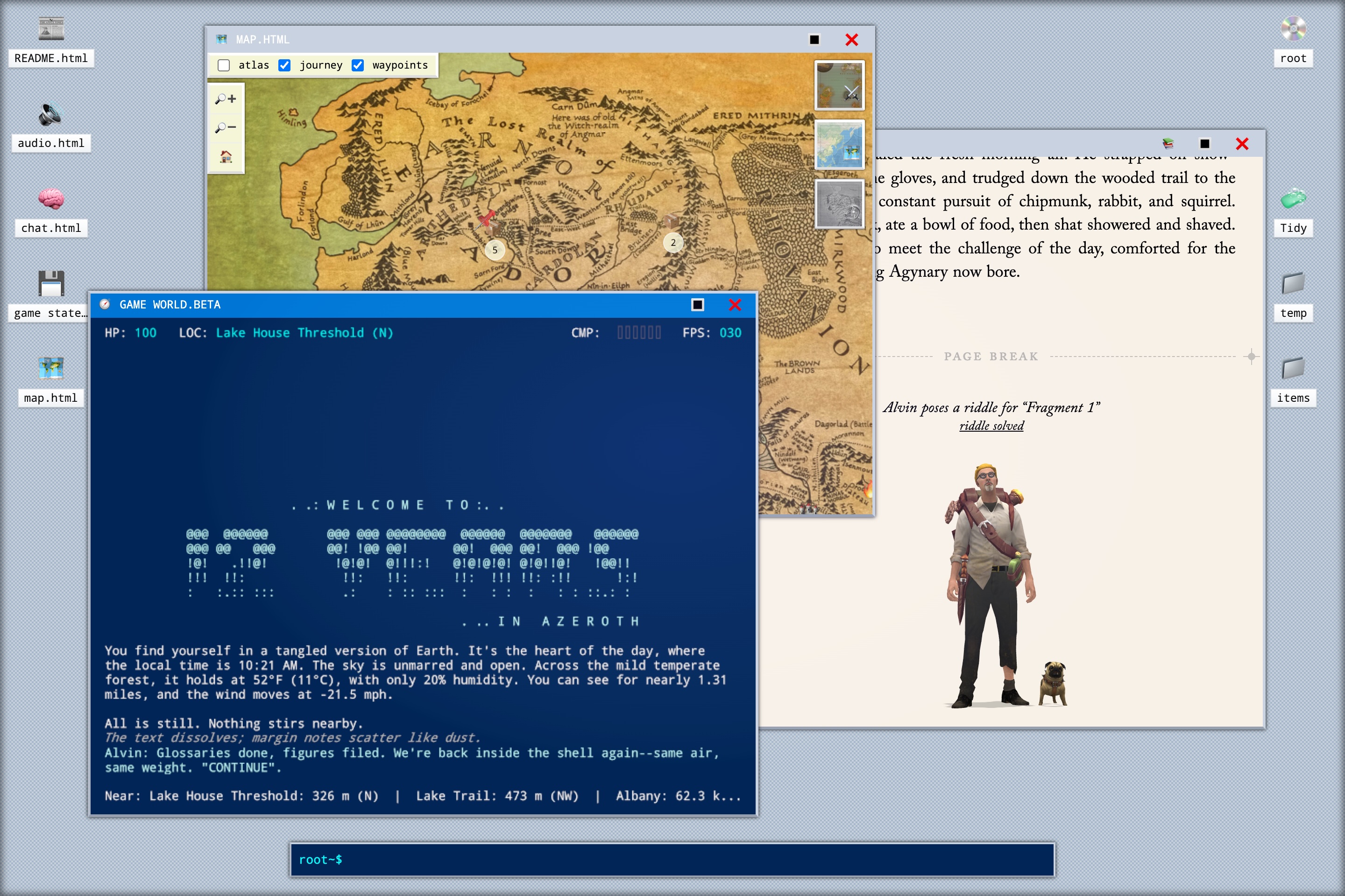 Blue terminal window showing a text-adventure welcome screen titled "Welcome to 12 Years in Azeroth", with another window behind that shows a map of Middle Earth, and another window to the side with an adventurer and his pug, and behind that a computer desktop.