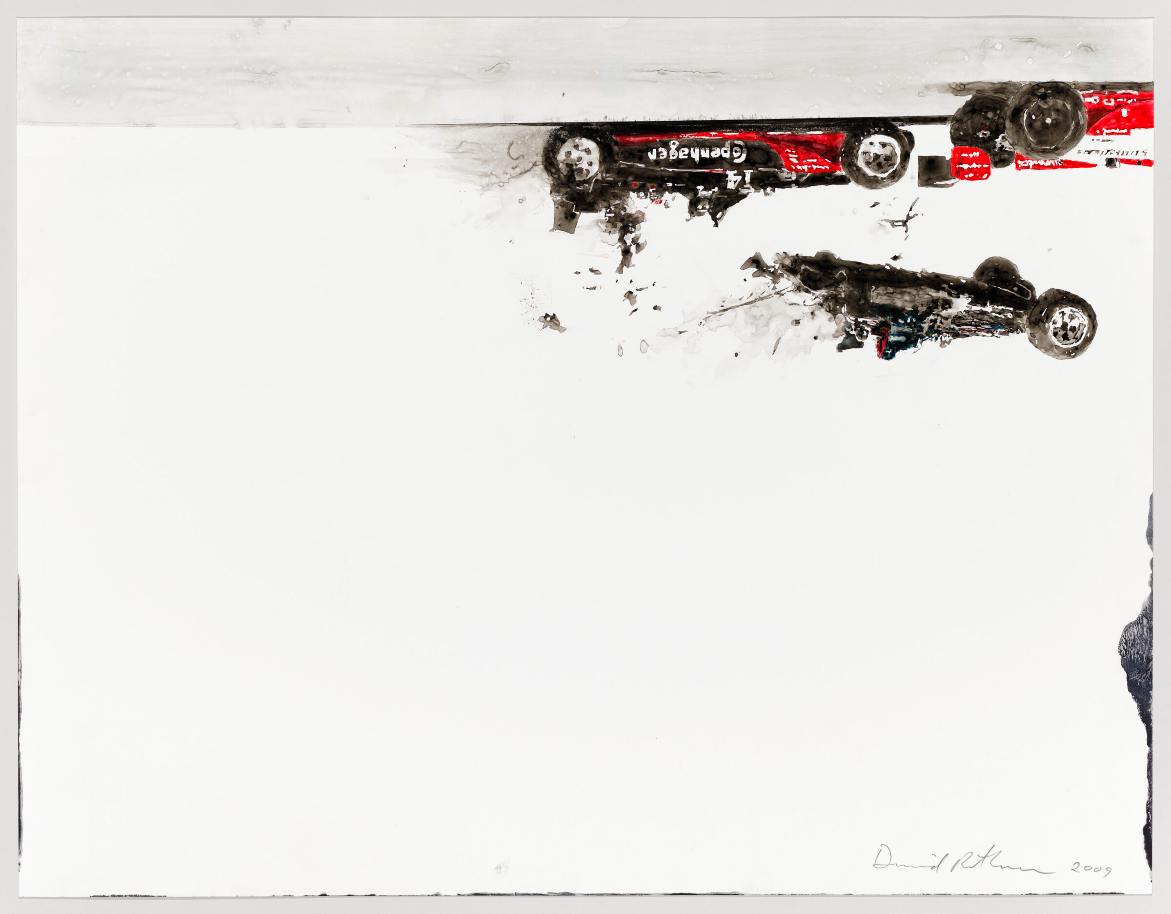 Painting of a red and black formula 1 car crashing. The entire image is upside down, with extensive white space on the bottom.