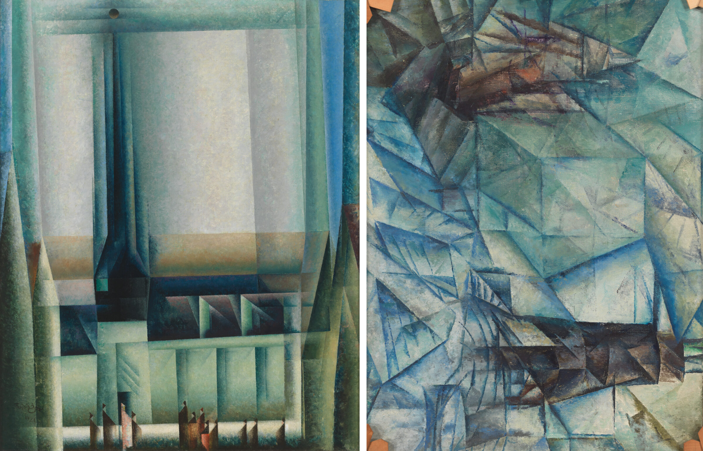 Diptych of two paintings, on the left is an angular abstract church and people in front of it rendered in mostly greens, on the right is a similarly angular and abstract study of a lighthouse.