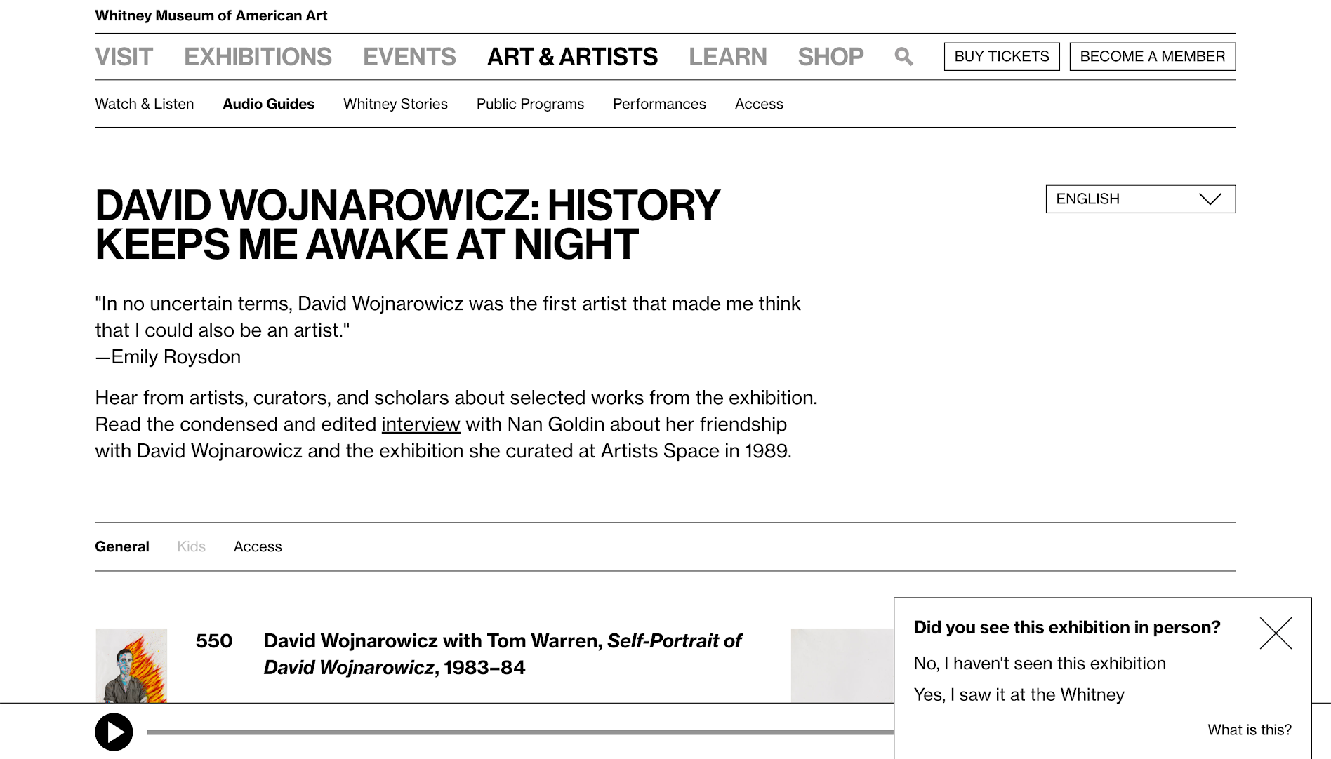 Screenshot of an audio guide online with a popup asking the user if they had seen this show in person.