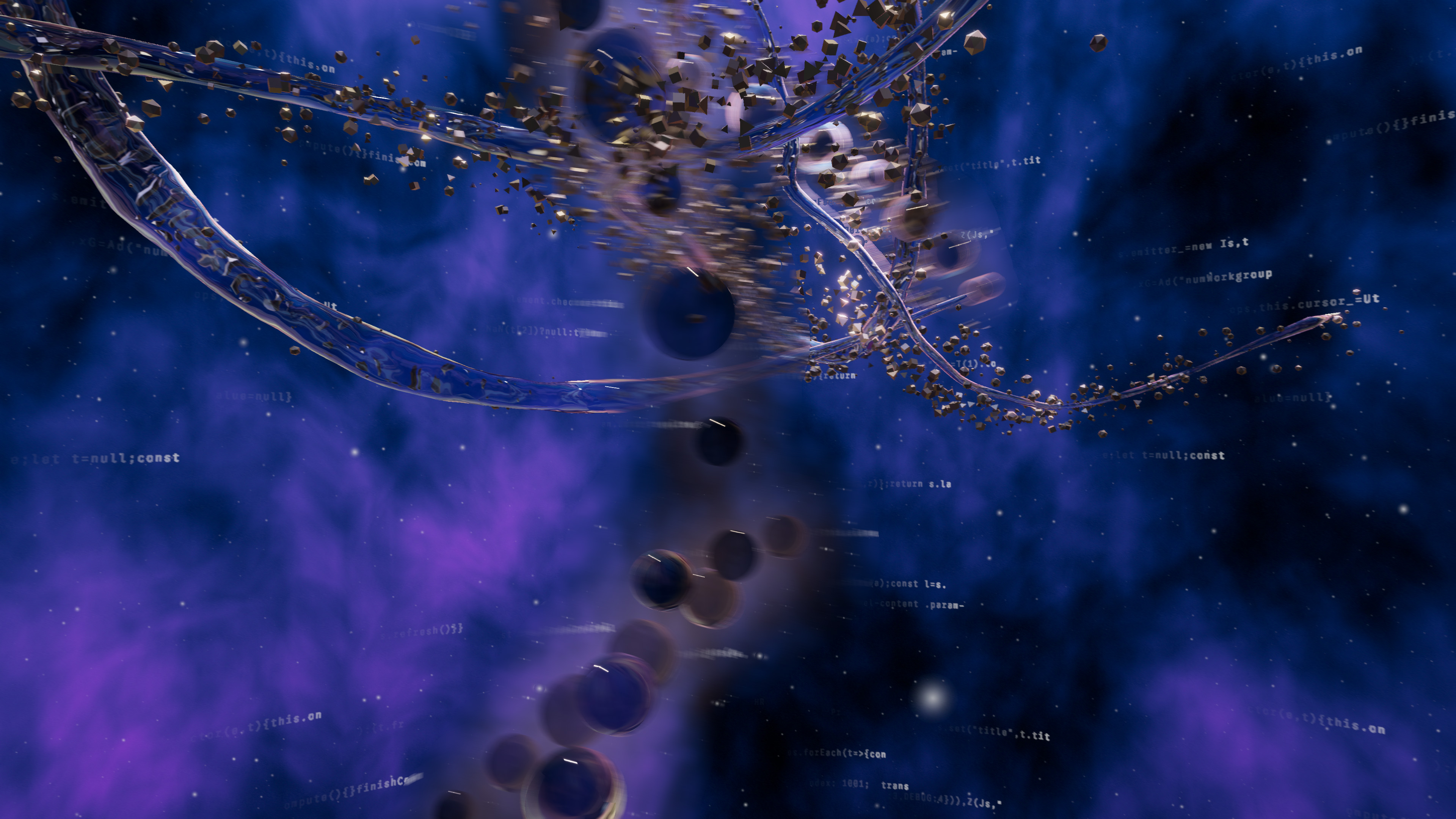 Digital artwork featuring a swirling, glass-like structure that resembles a DNA double helix and flowing water, set against a deep blue and violet nebula, with floating particles and snippets of computer code drifting by.
